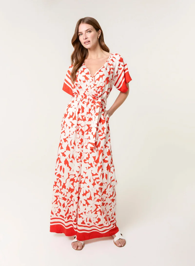 Tropical Print Wrap Belted Waist Jumpsuit